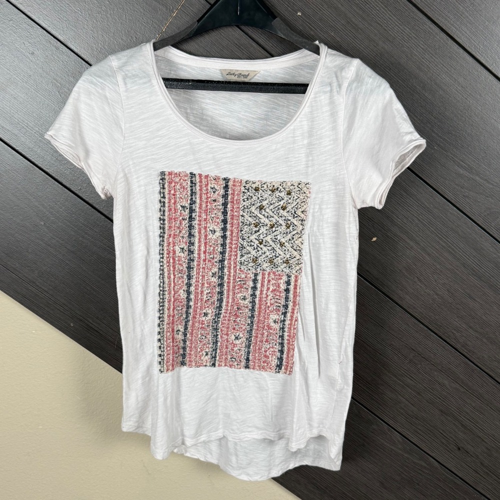 Lucky Brand Women's Small White Lace American Flag Studded Stars Graphic Tee